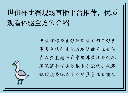 世俱杯比赛现场直播平台推荐，优质观看体验全方位介绍