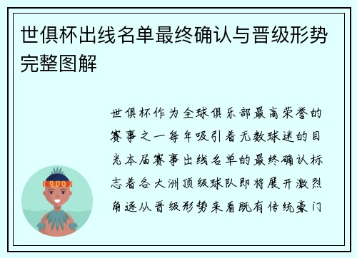世俱杯出线名单最终确认与晋级形势完整图解